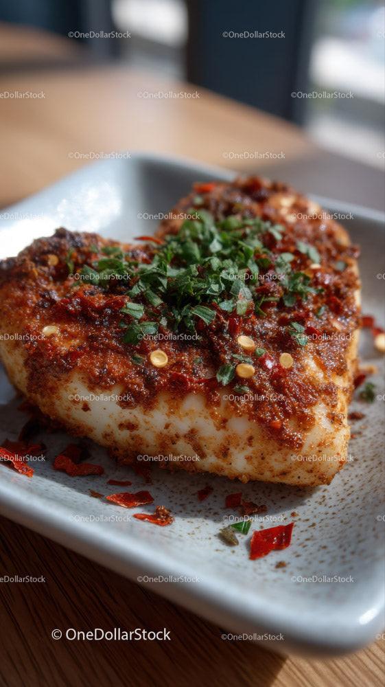 Crispy Fried Fish Fillet with Chili and Herbs on White Plate