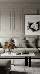 Elegant Living Room with Neutral Tones and Abstract Art Decor