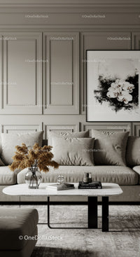 Elegant Living Room with Neutral Tones and Abstract Art Decor