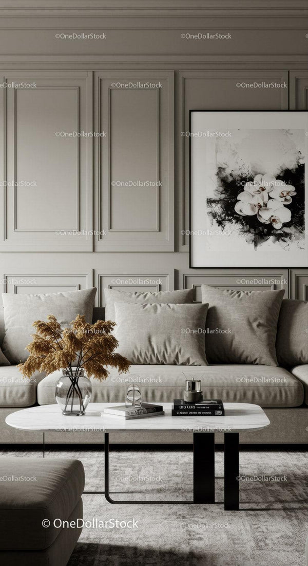 Elegancki salon w neutralnych tonach z abstrakcyjną dekoracją artystyczną
