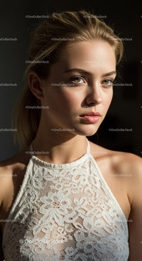 Elegant Young Woman in Lace Dress with Green Eyes Beauty Portrait