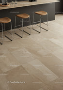 Modern Kitchen with Beige Tiled Floor and Stylish Bar Stools