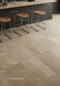 Modern Kitchen with Beige Tiled Floor and Stylish Bar Stools