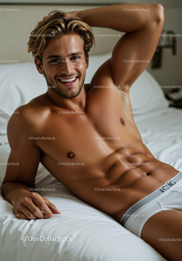 Smiling athletic man relaxing on white bed in underwear