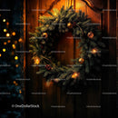 Christmas wreath with glowing lights on wooden door