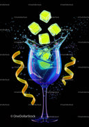 Yellow ice cubes splashing into blue cocktail glass