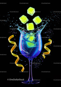 Yellow ice cubes splashing into blue cocktail glass