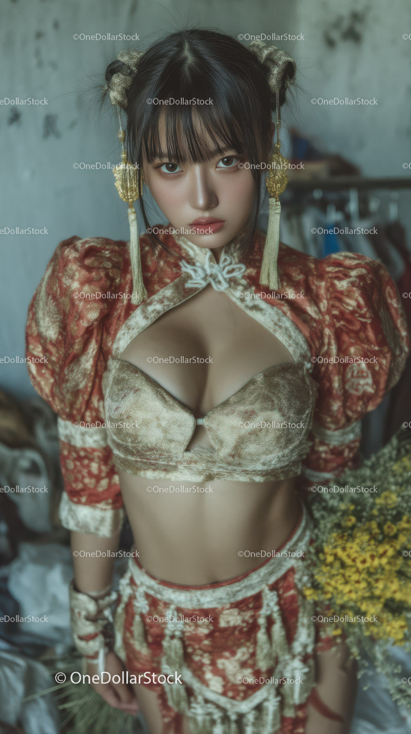 Stylish Young Woman in Traditional Silk Outfit with Gold Accessories