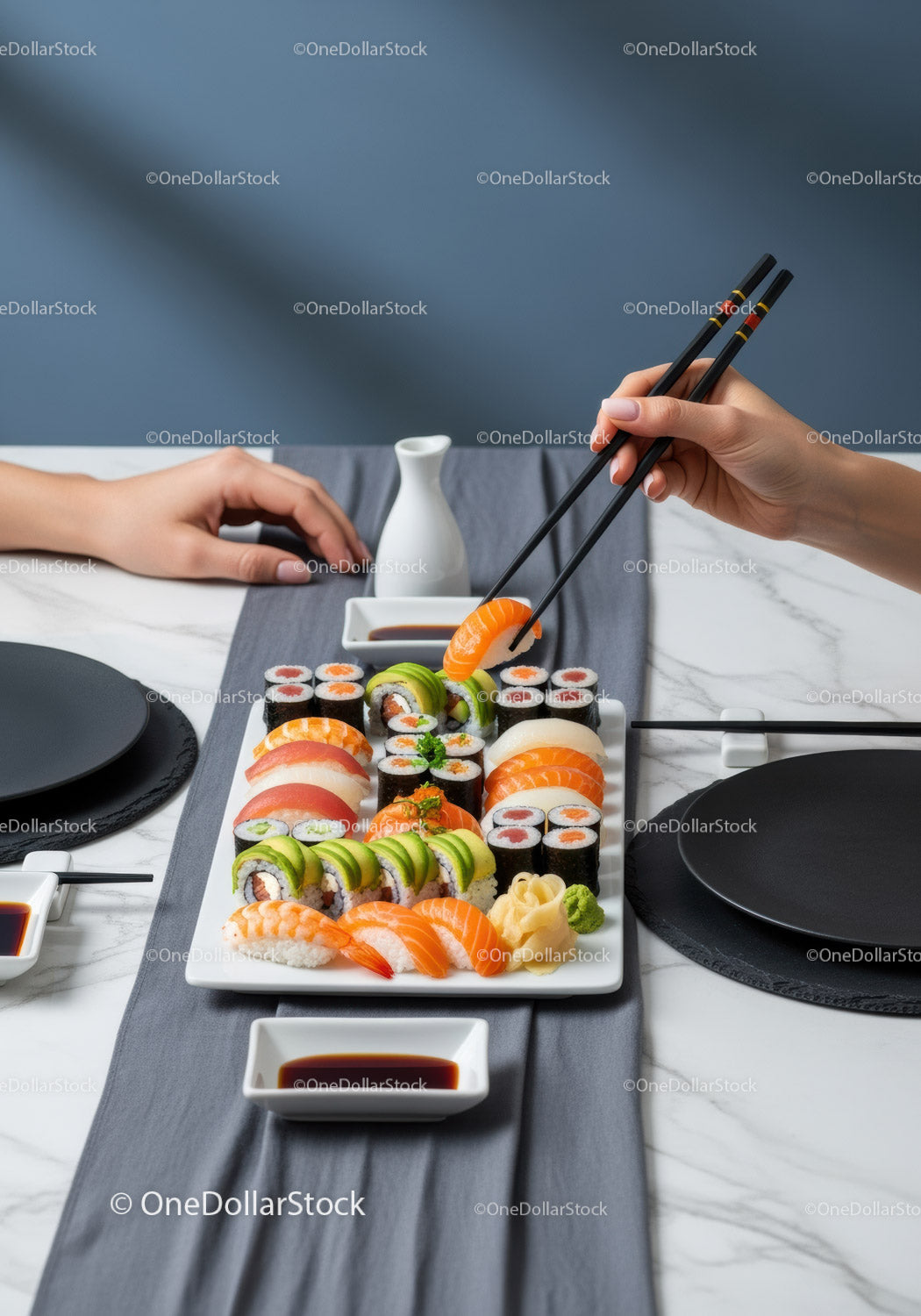 Colorful Sushi Platter with Salmon, Avocado, and Maki Rolls