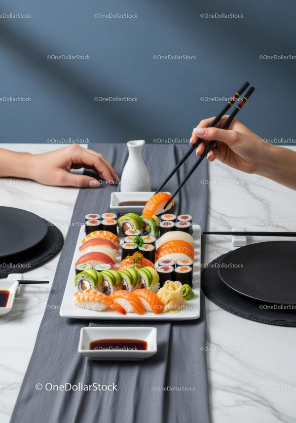Colorful Sushi Platter with Salmon, Avocado, and Maki Rolls