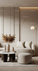 Minimalist beige living room with modern decor and lighting