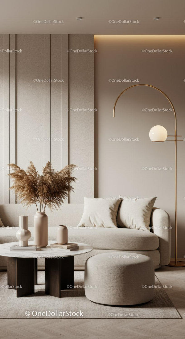 Minimalist beige living room with modern decor and lighting