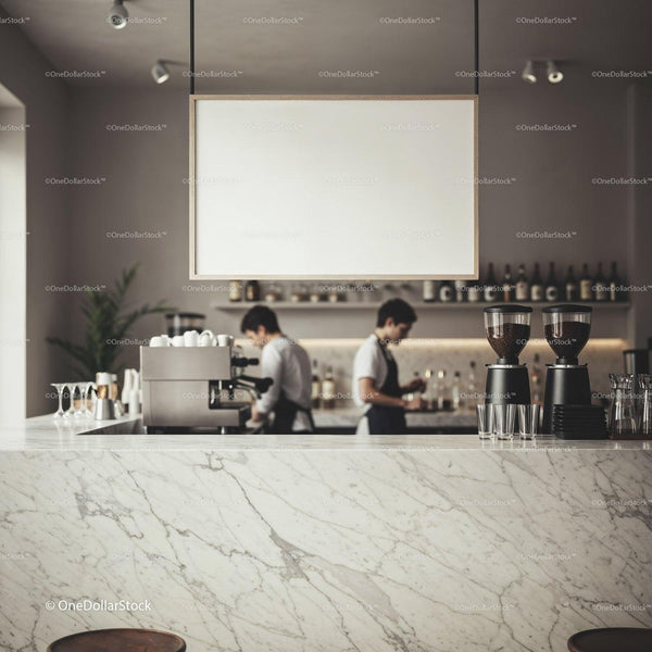 Baristas preparing coffee behind marble counter in cafe JPG Mockup Image