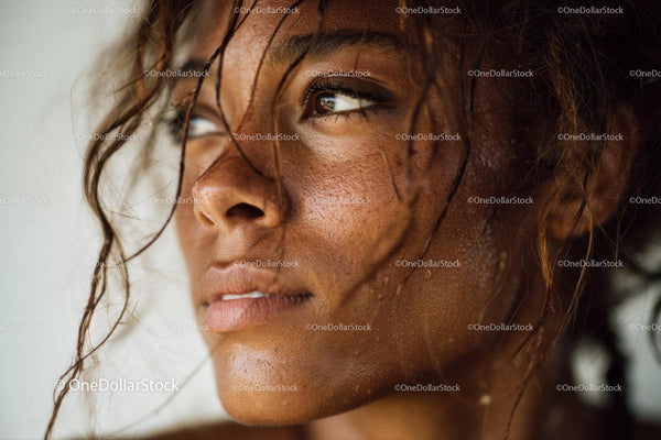 Close-up of a Woman with Water Droplets and Wet Hair Stunning Portrait
