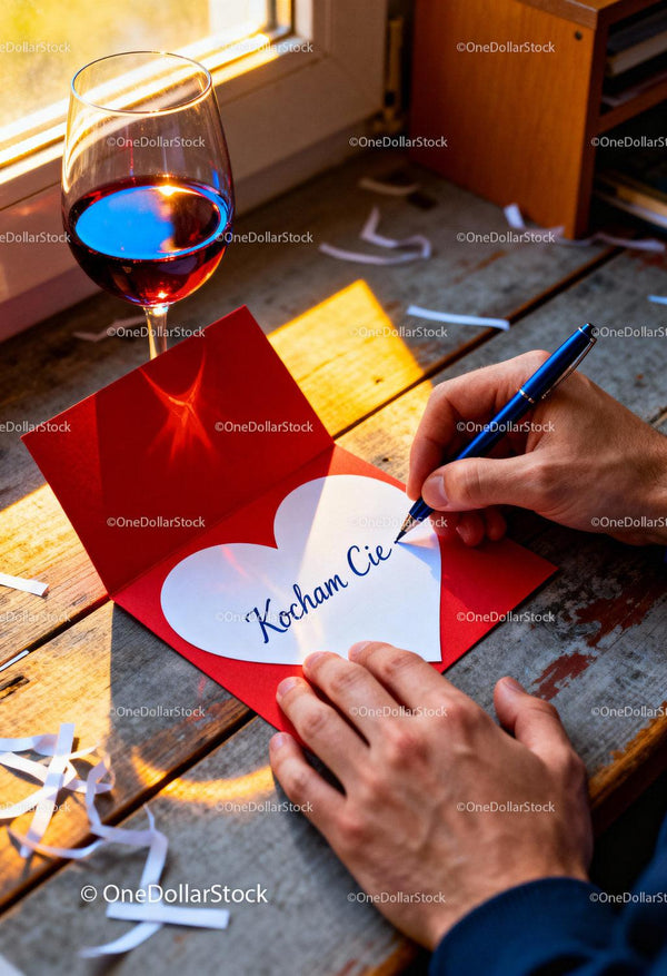 Man Writing I Love You Card Next to Glass of Red Wine