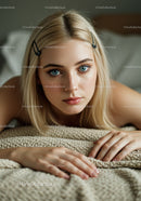 Young Woman with Blonde Hair and Blue Eyes Relaxing on Bed