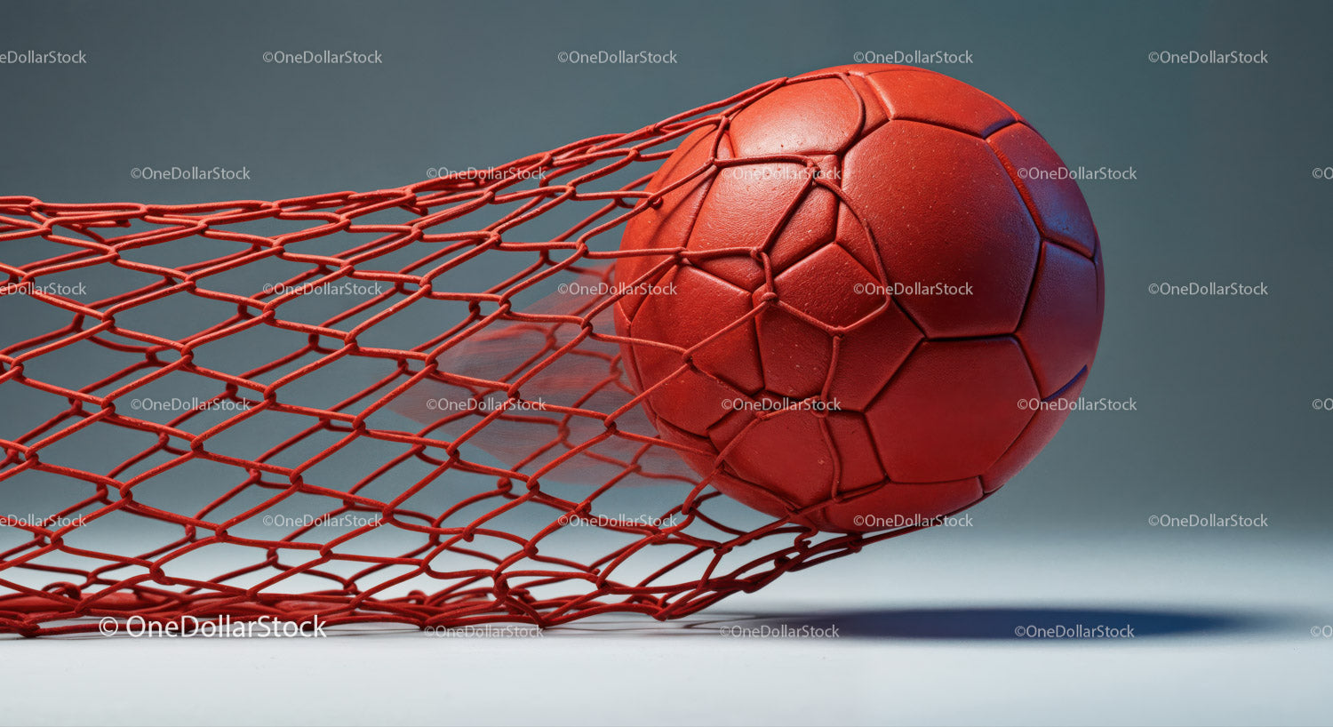 Red Soccer Ball in Goal Net with Dynamic Sports Atmosphere