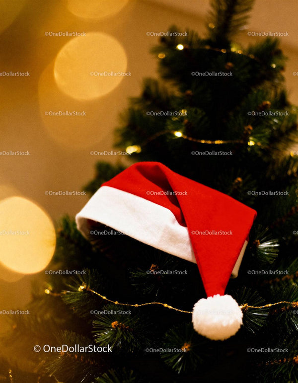 Santa Hat Resting on Decorated Christmas Tree Branch