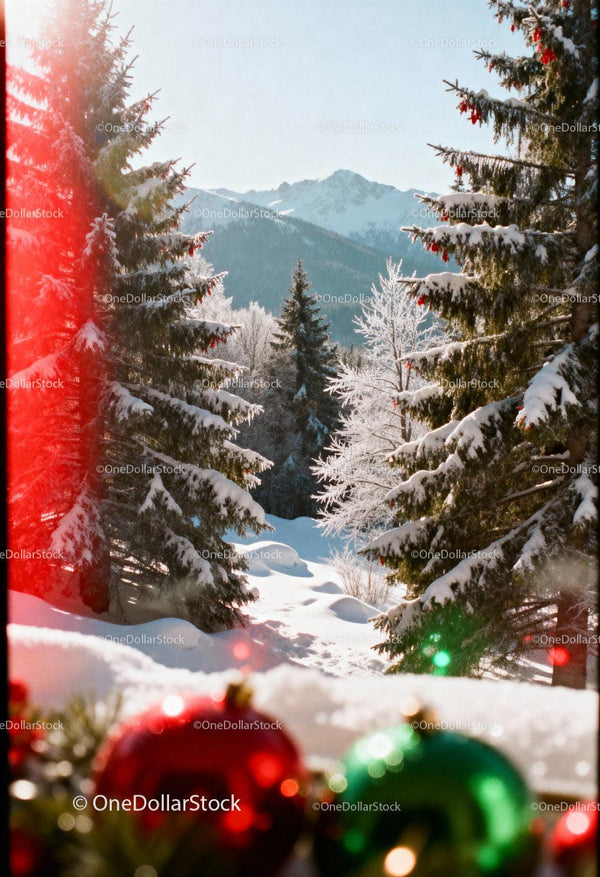 Snowy Mountain Forest with Festive Holiday Decorations