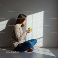 Young woman sitting with green apple in calm light