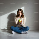 Young woman sitting on floor holding green apple