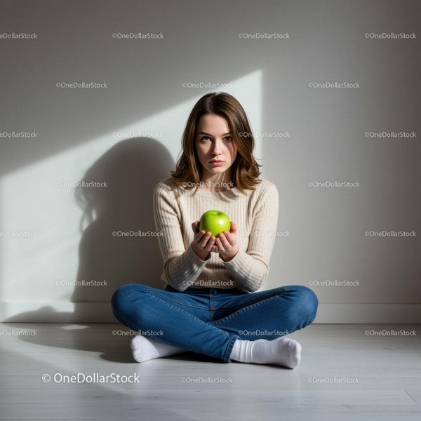 Young woman sitting on floor holding green apple