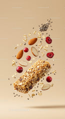 Healthy granola bar with nuts and berries floating
