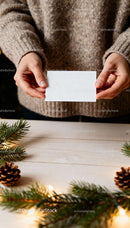 Person Holding Blank Card Over Cozy Winter Decor Table JPG Mockup Image preview