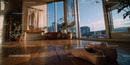 Bright ballet shoes on wooden floor with city view in dance studio