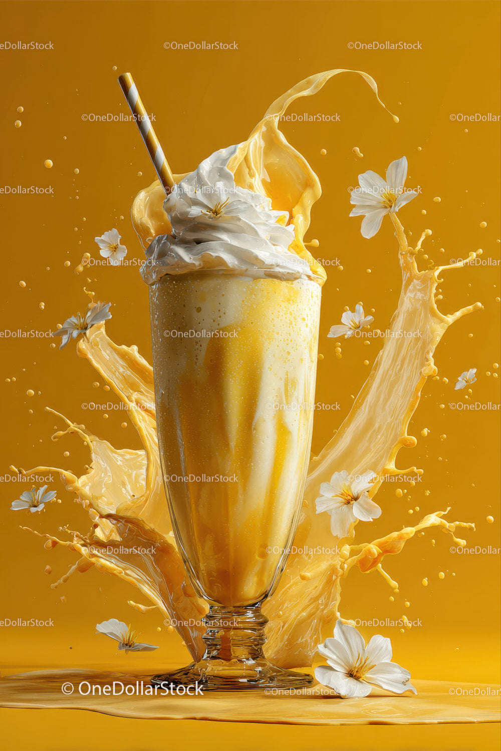 Creative Splashing Milk Glass with Flowers and Straw on Yellow Background