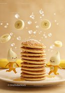Stack of pancakes with syrup and animated banana drops