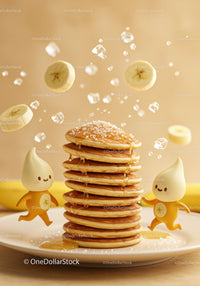 Stack of pancakes with syrup and animated banana drops