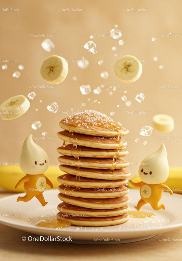 Stack of pancakes with syrup and animated banana drops
