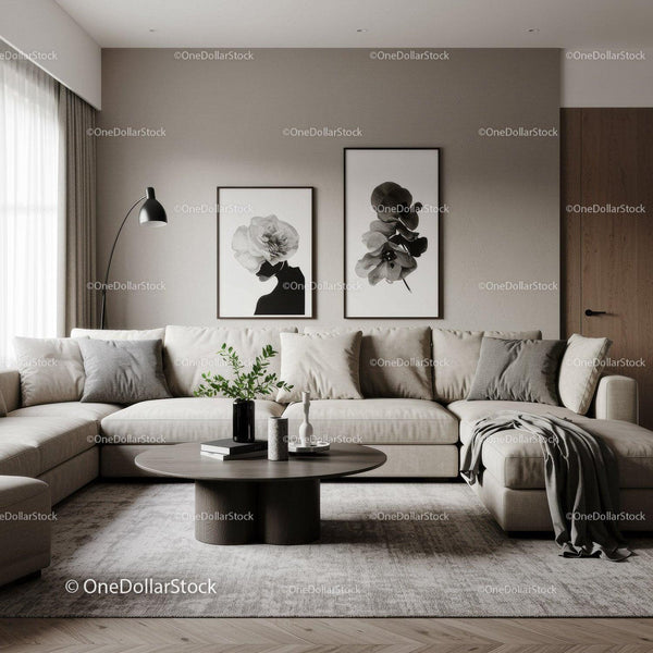 Elegant Modern Living Room with Neutral Decor and Stylish Art