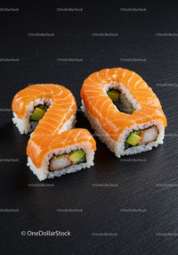Fresh salmon sushi rolls shaped as number 20