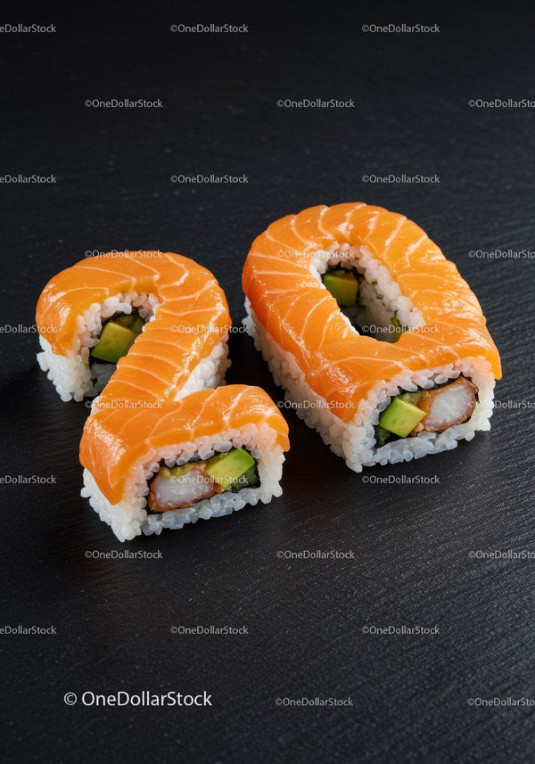 Fresh salmon sushi rolls shaped as number 20