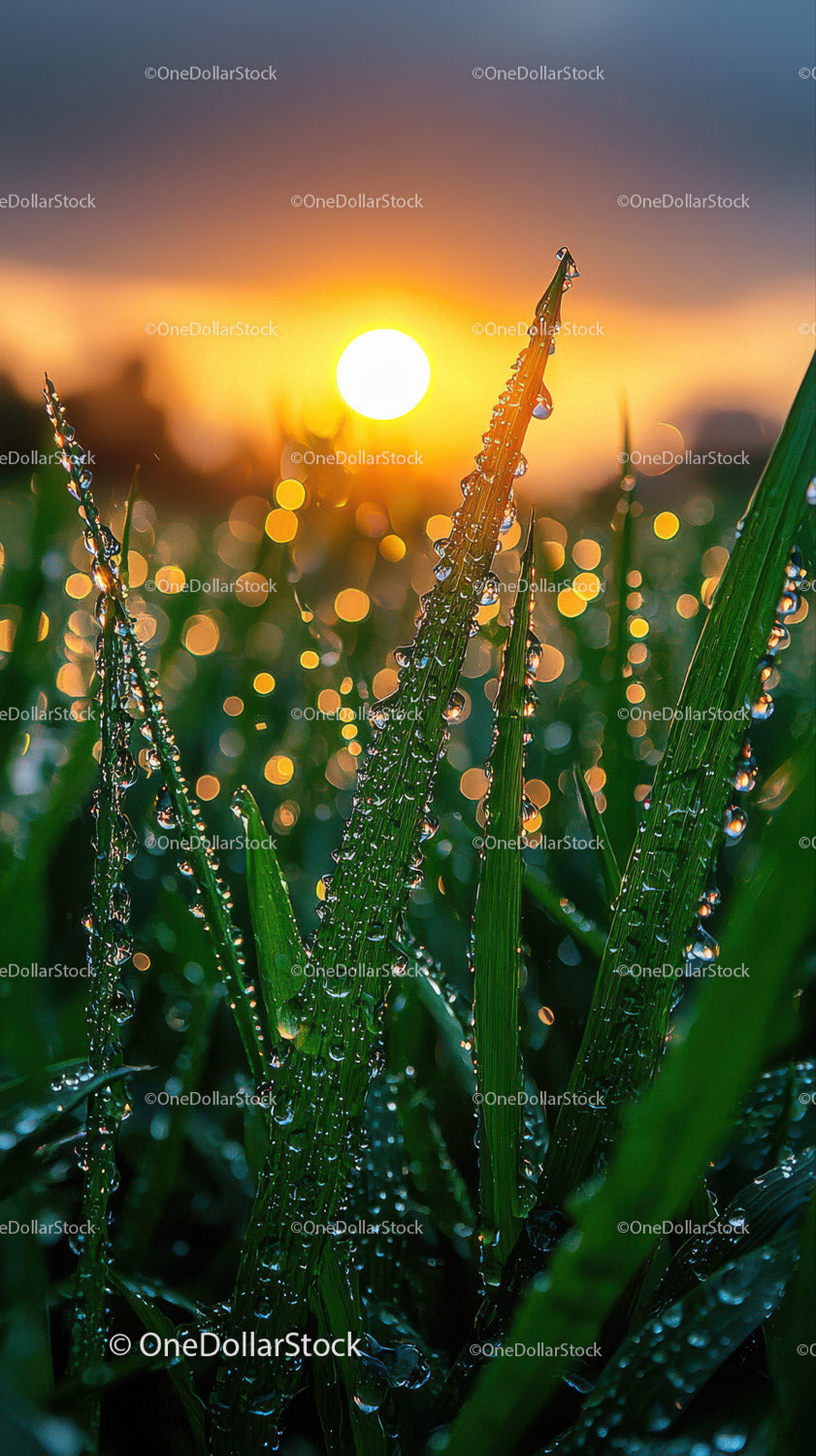 Dewy Grass at Sunrise Over Lush Green Field
