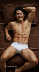 Smiling athletic man relaxing on brown bed linen