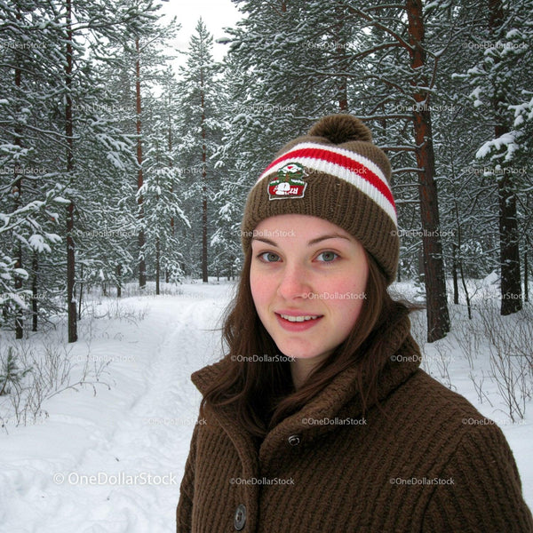Young woman enjoying winter walk in snowy pine forest