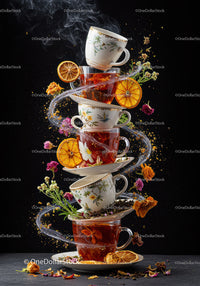 Stacked tea cups with swirling steam and dried fruits