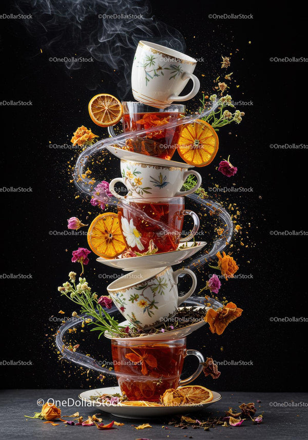 Stacked tea cups with swirling steam and dried fruits