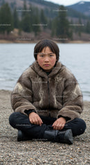 Young Boy Sitting Near Lake with Mountain Landscape in Cool Casual Outfit