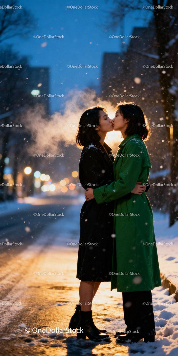 Couple sharing a tender kiss on a snowy evening