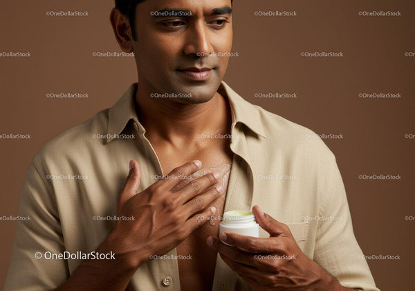 Man Applying Moisturizer with Skincare Product in Hand