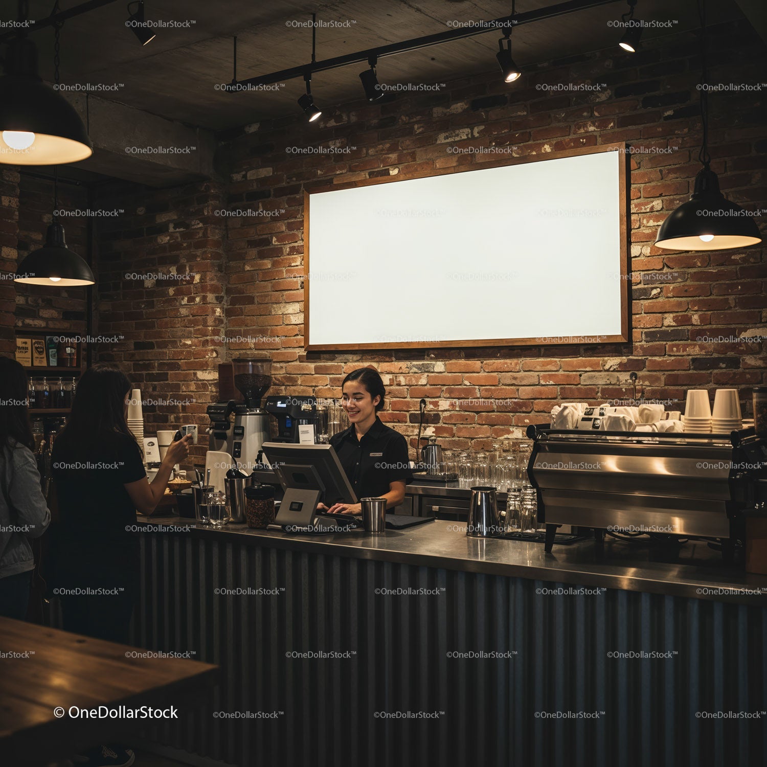 Barista Serving Customers in Cozy Urban Coffee Shop