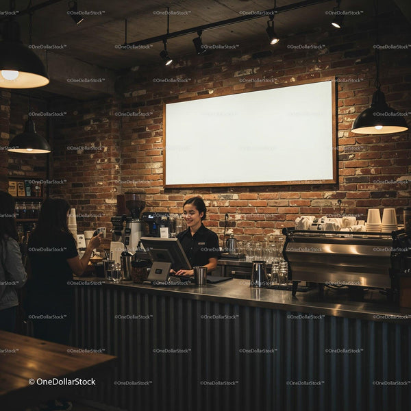 Barista Serving Customers in Cozy Urban Coffee Shop JPG Mockup Image