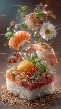 Fresh Sushi with Shrimp Salmon Tuna Egg Yolk and Green Garnishes