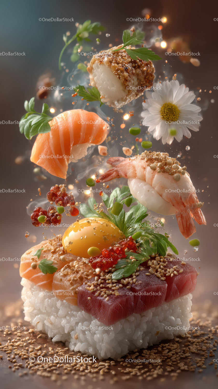 Fresh Sushi with Shrimp Salmon Tuna Egg Yolk and Green Garnishes