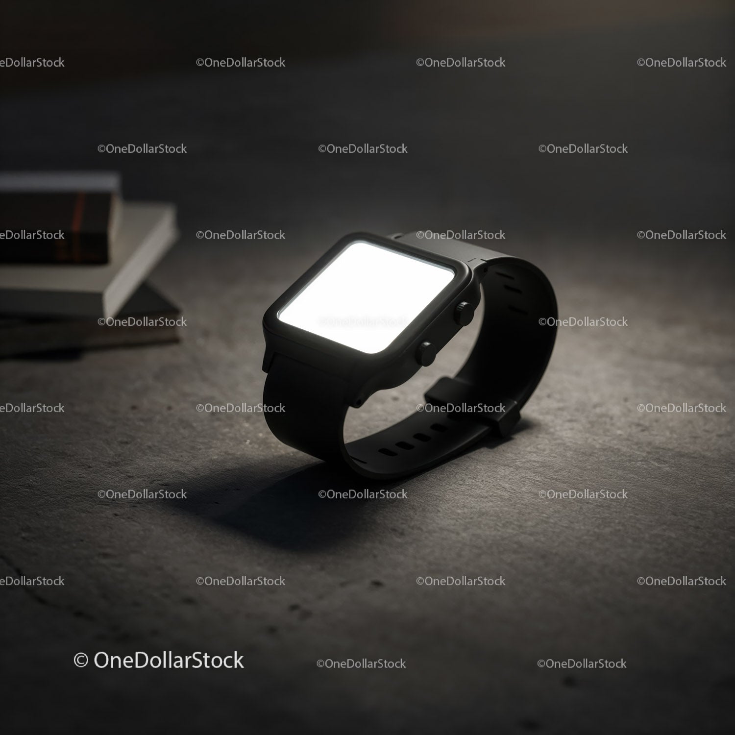 Minimalistic black smartwatch glowing on concrete surface