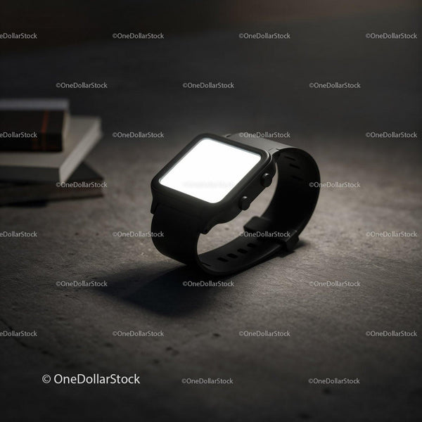 Minimalistic black smartwatch glowing on concrete surface JPG Mockup Image